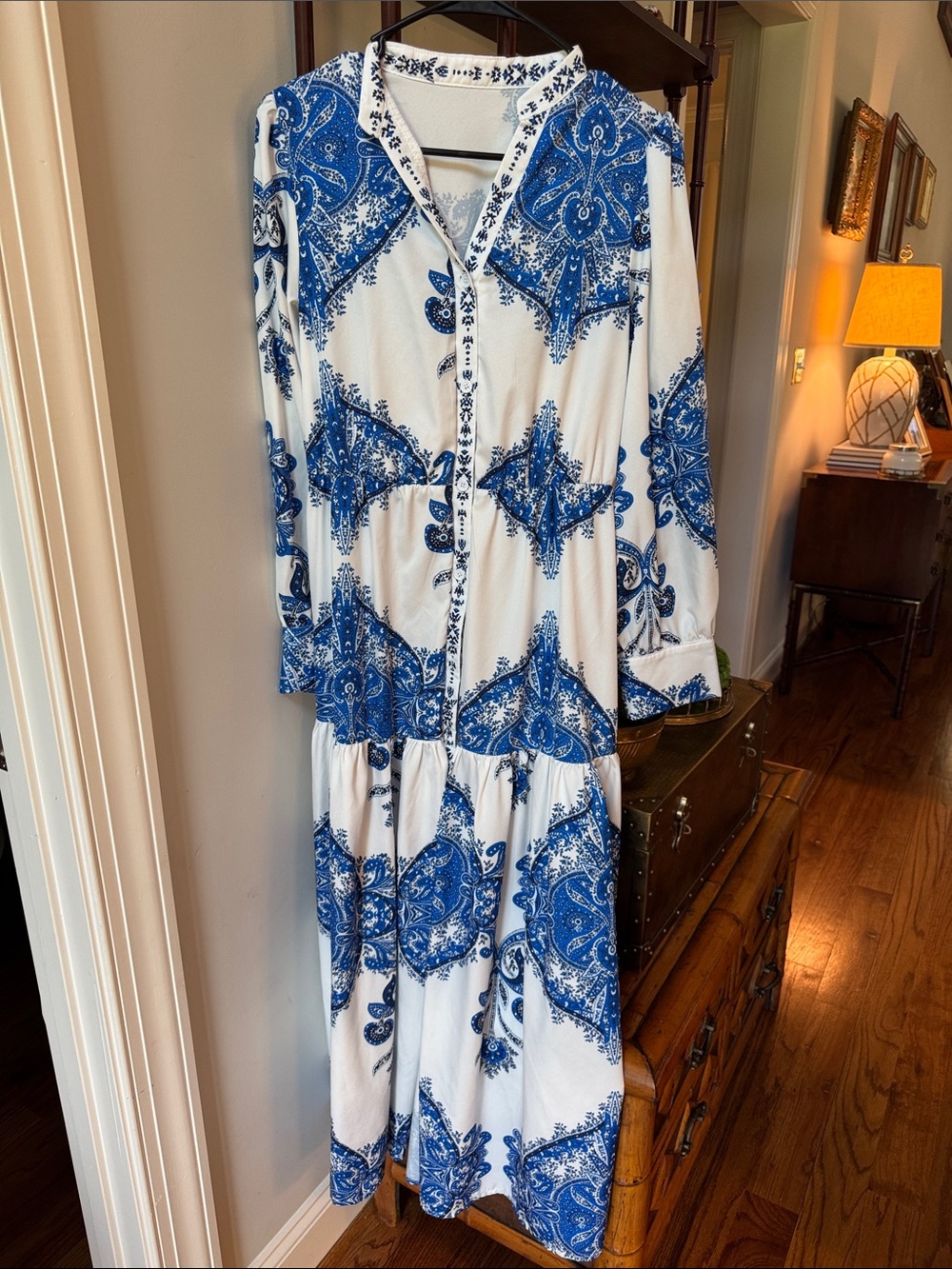 White Maxi Dress with Blue Paisley Print